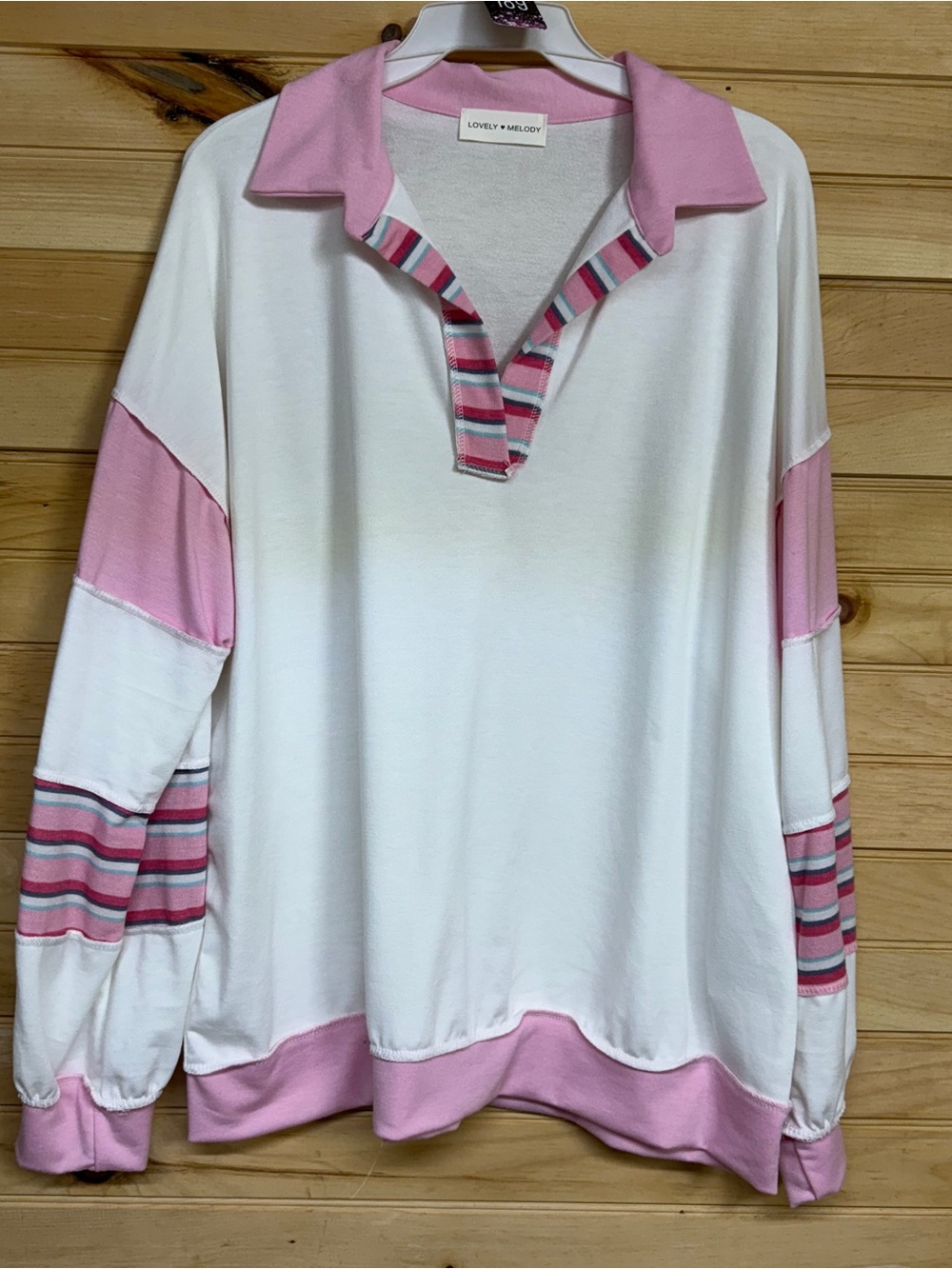 Lovely Melody White and Pink Striped Collared Pullover